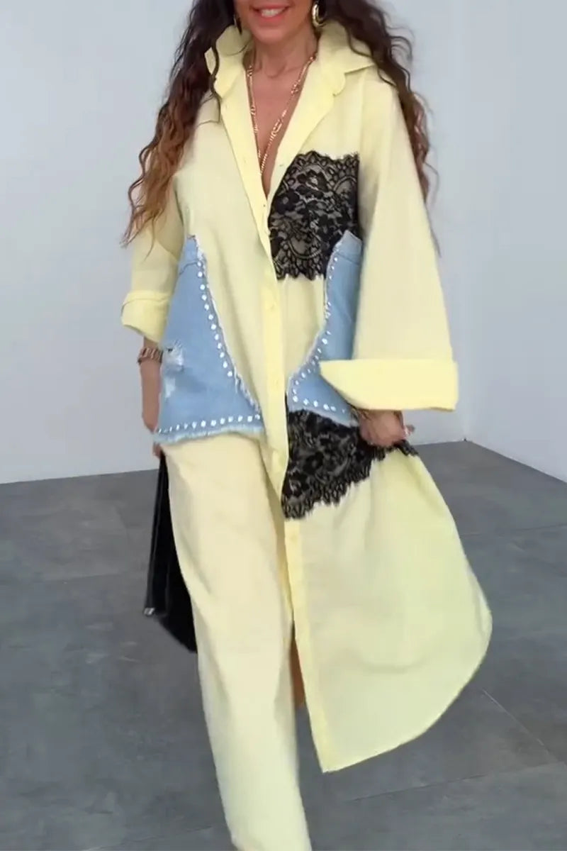 Women Collar Patchwork Denim Lace Elegant Casual Maxi Dresses