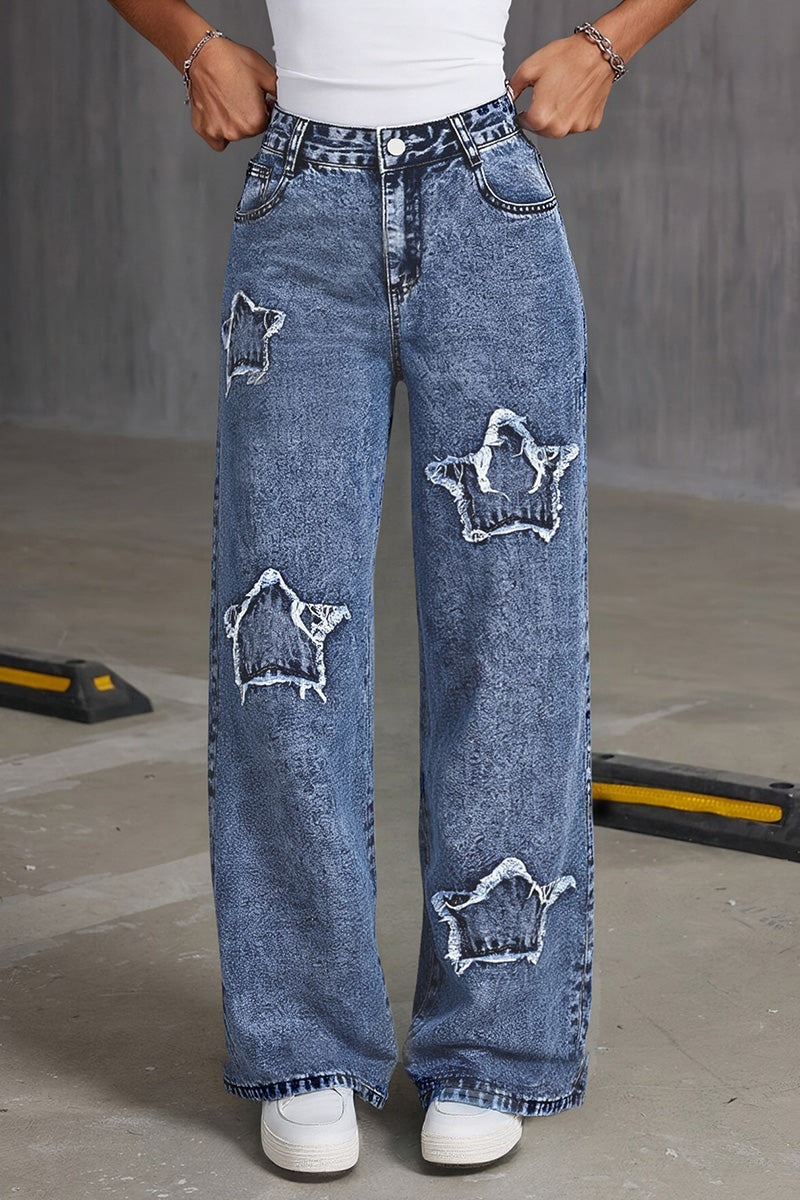 Casual Star Fringe Straight Leg Washed Jeans