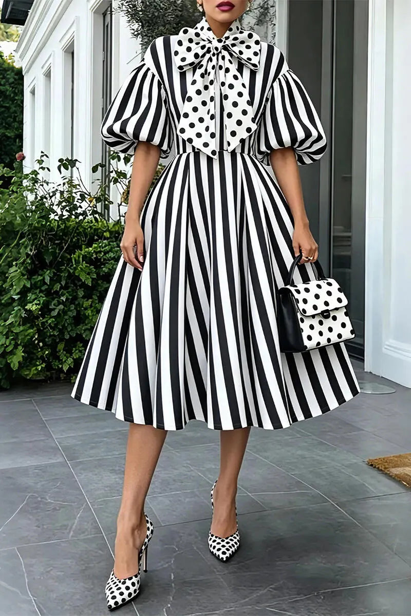 Women's Round Neck Patchwork Vertical Stripe Elegant Temperament Dress