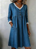 Women's Vintage-style Lace-trimmed Cotton Denim Dress With Buttons