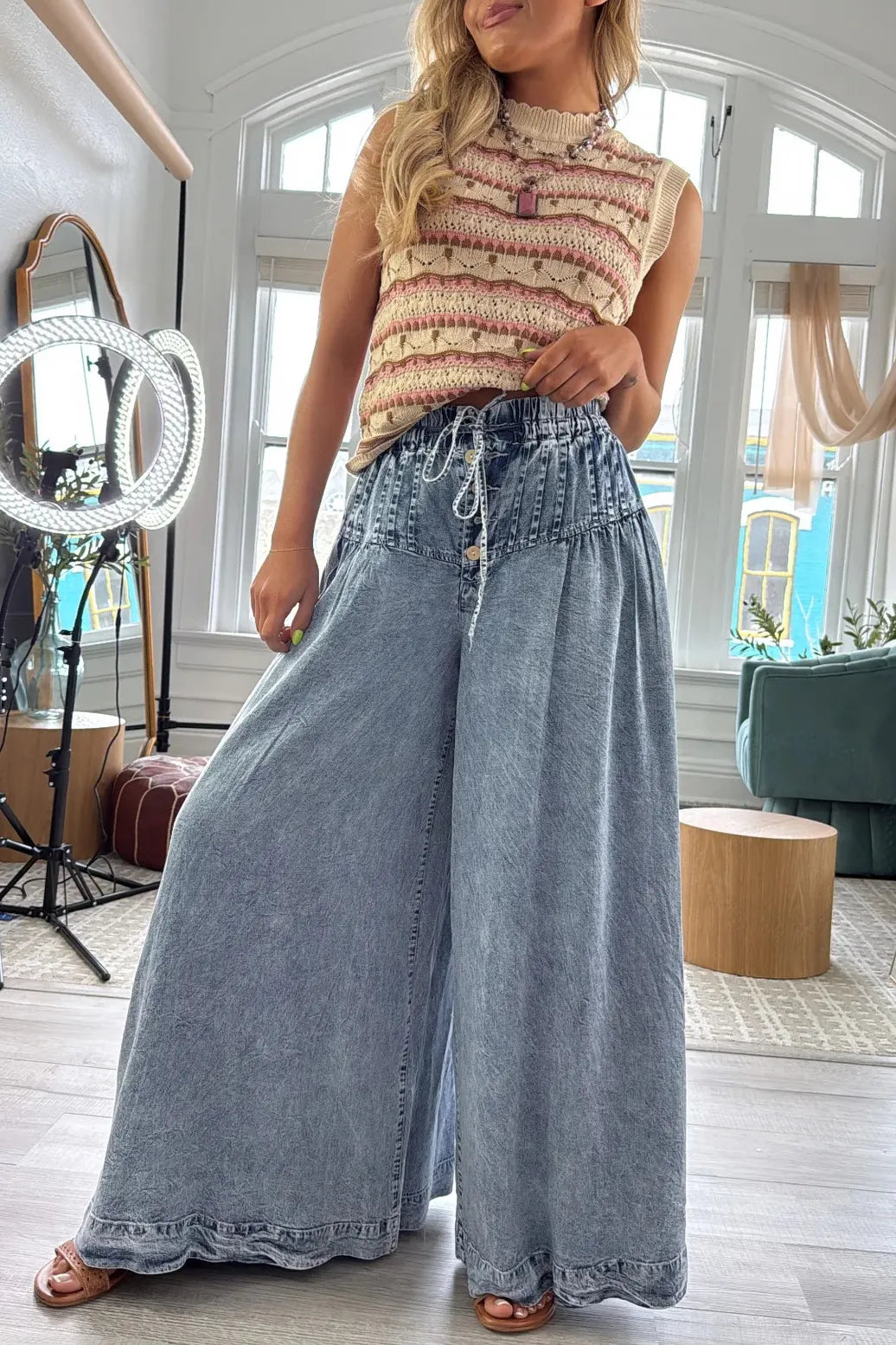 Women's Casual Waist Pleated Drawstring Washed Wide Leg Jeans