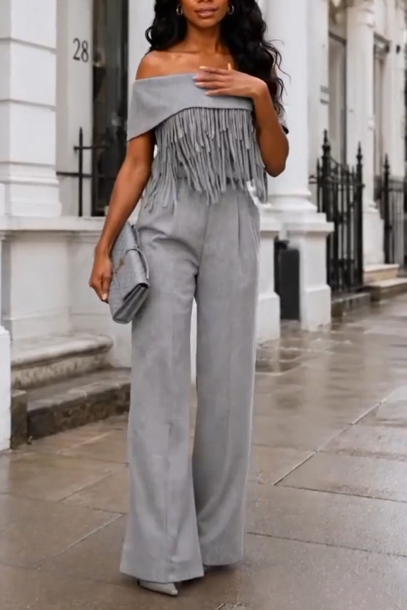 Women's Off Shoulder Patchwork Tassel Top+ Pants Elegant Temperament Set