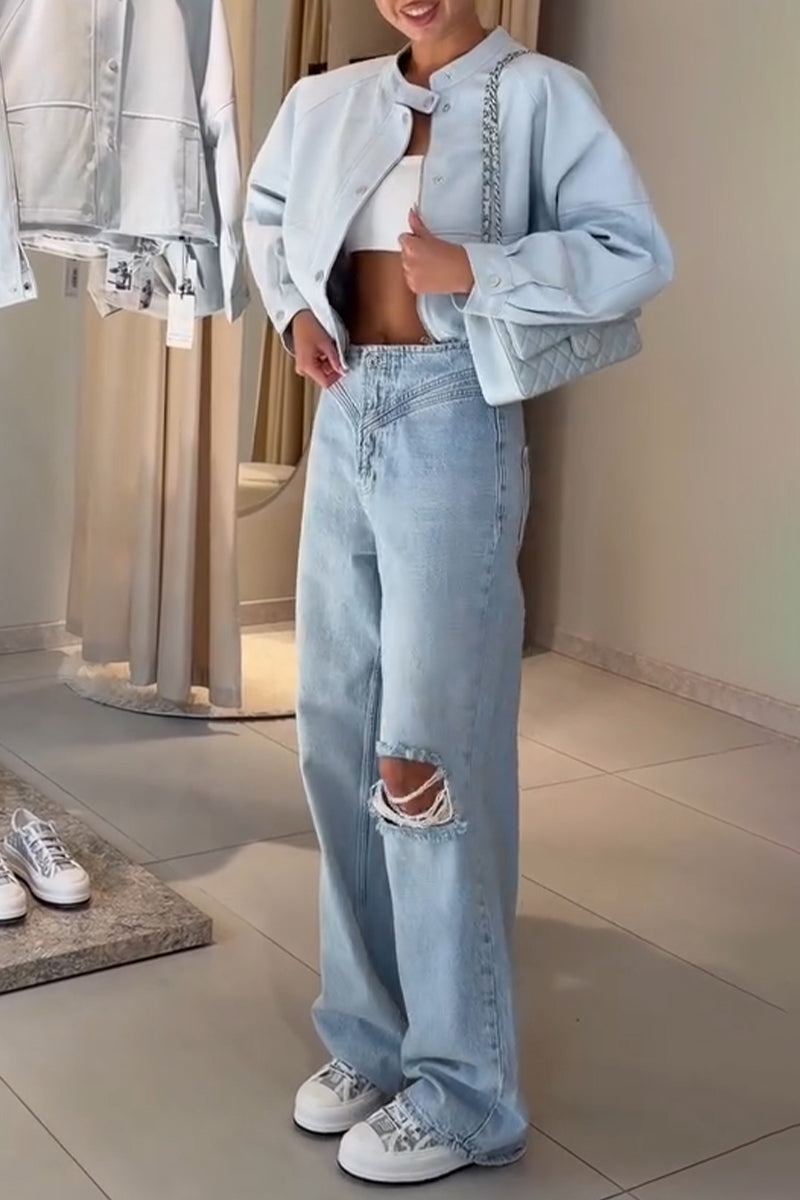 Women's Casual Round Neck Jacket or Patchwork Ripped Jeans