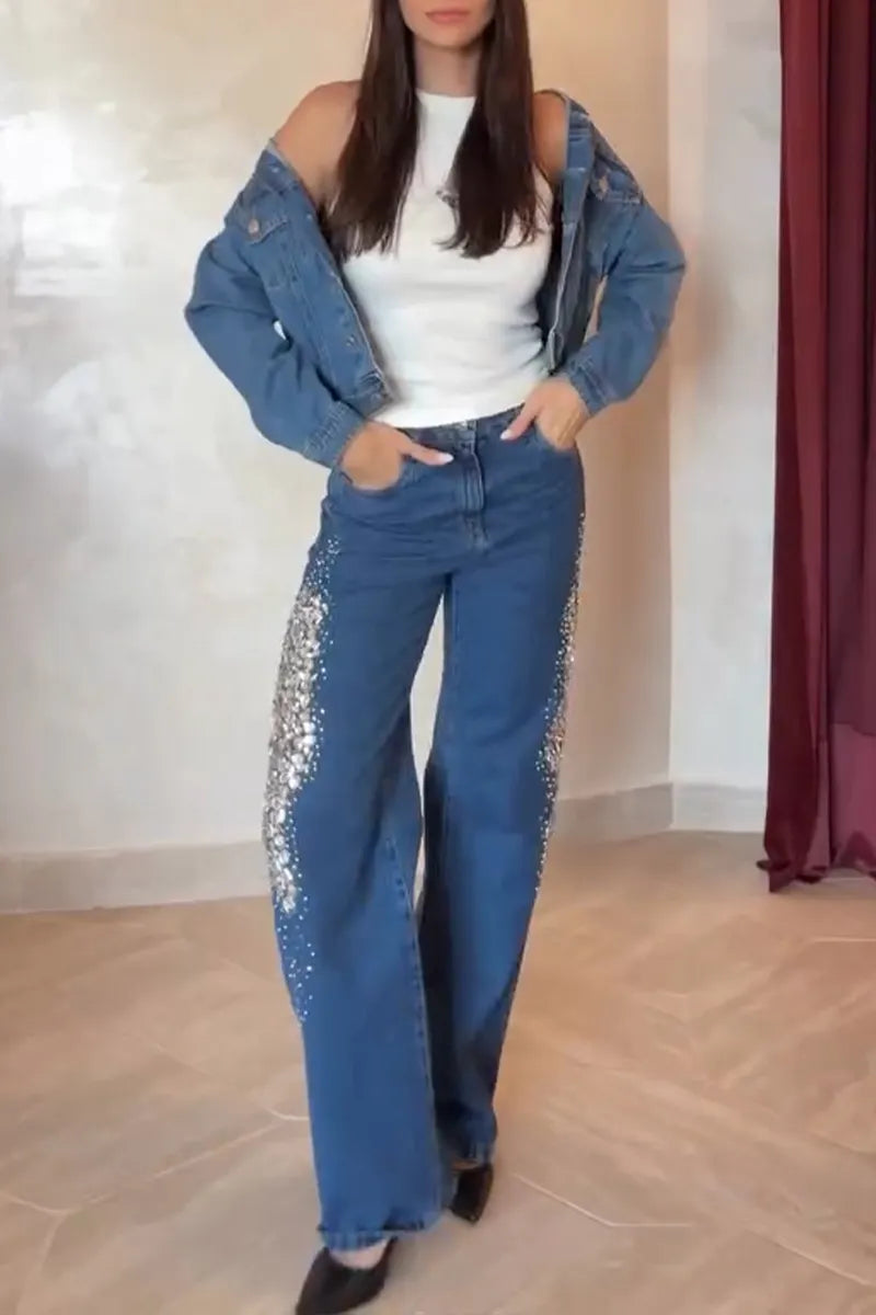 Women's Casual Versatile Rhinestone Trim Jeans