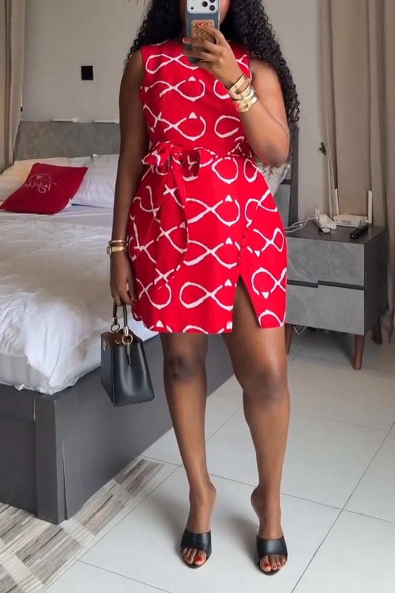 Women's Round Neck Printed Strap Casual Dress
