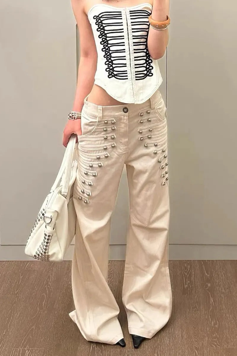 Women's Vintage Metal Button Design Wide Leg Jeans