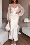 Women's Spaghetti Strap Satin Dress+ Sheer Top Elegant Temperament Set