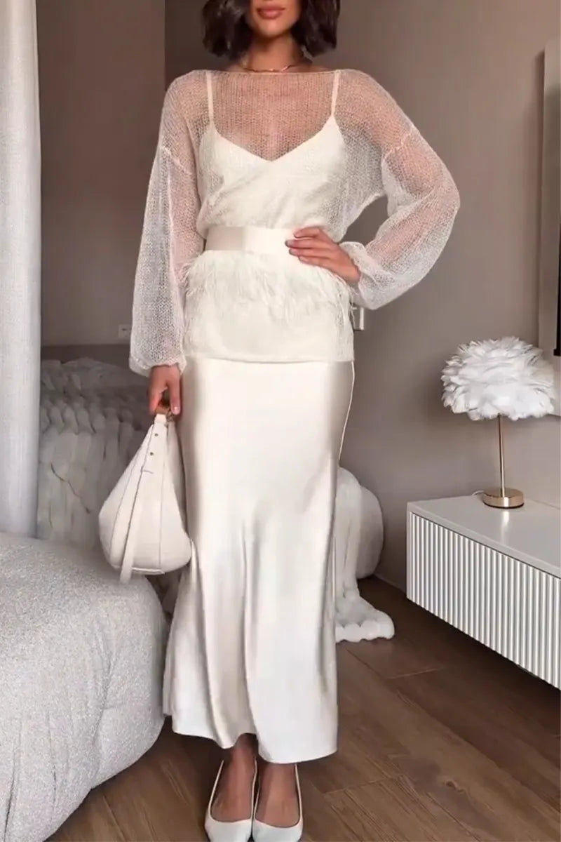Women's Spaghetti Strap Satin Dress+ Sheer Top Elegant Temperament Set
