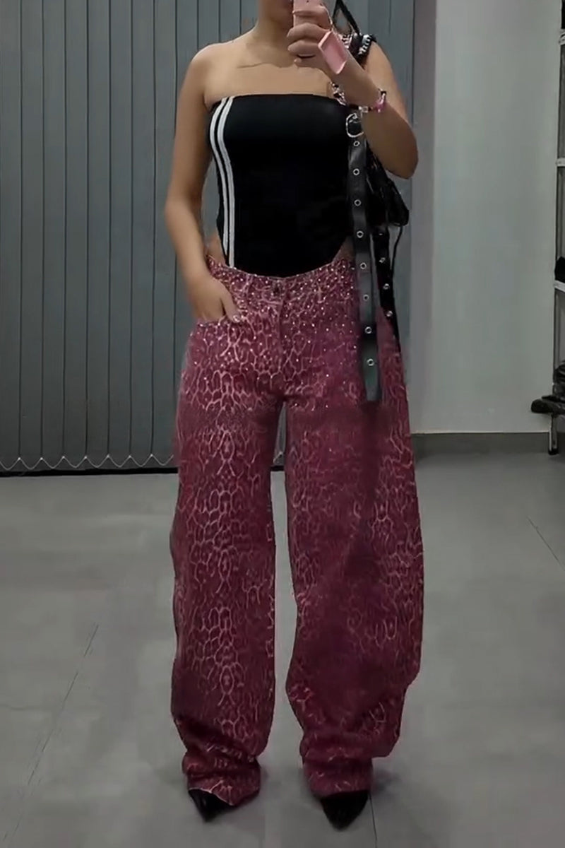 Women's Fashion Leopard Print Shiny Rhinestone Wide Leg Jeans