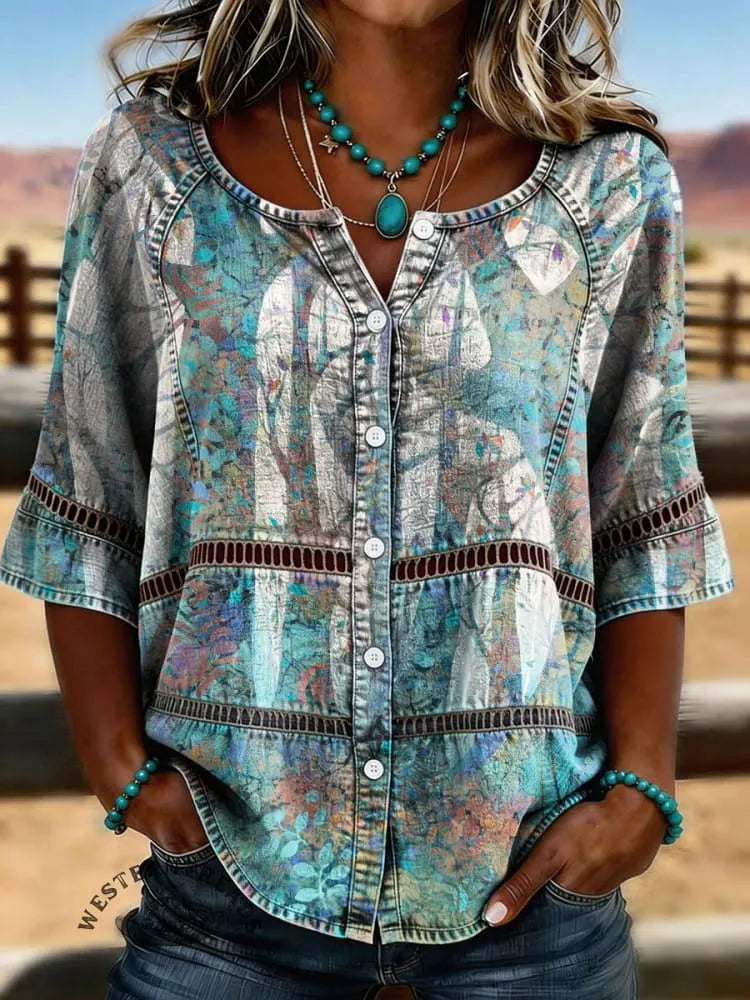Vintage Floral Print Casual Hollow-out Denim Shirt