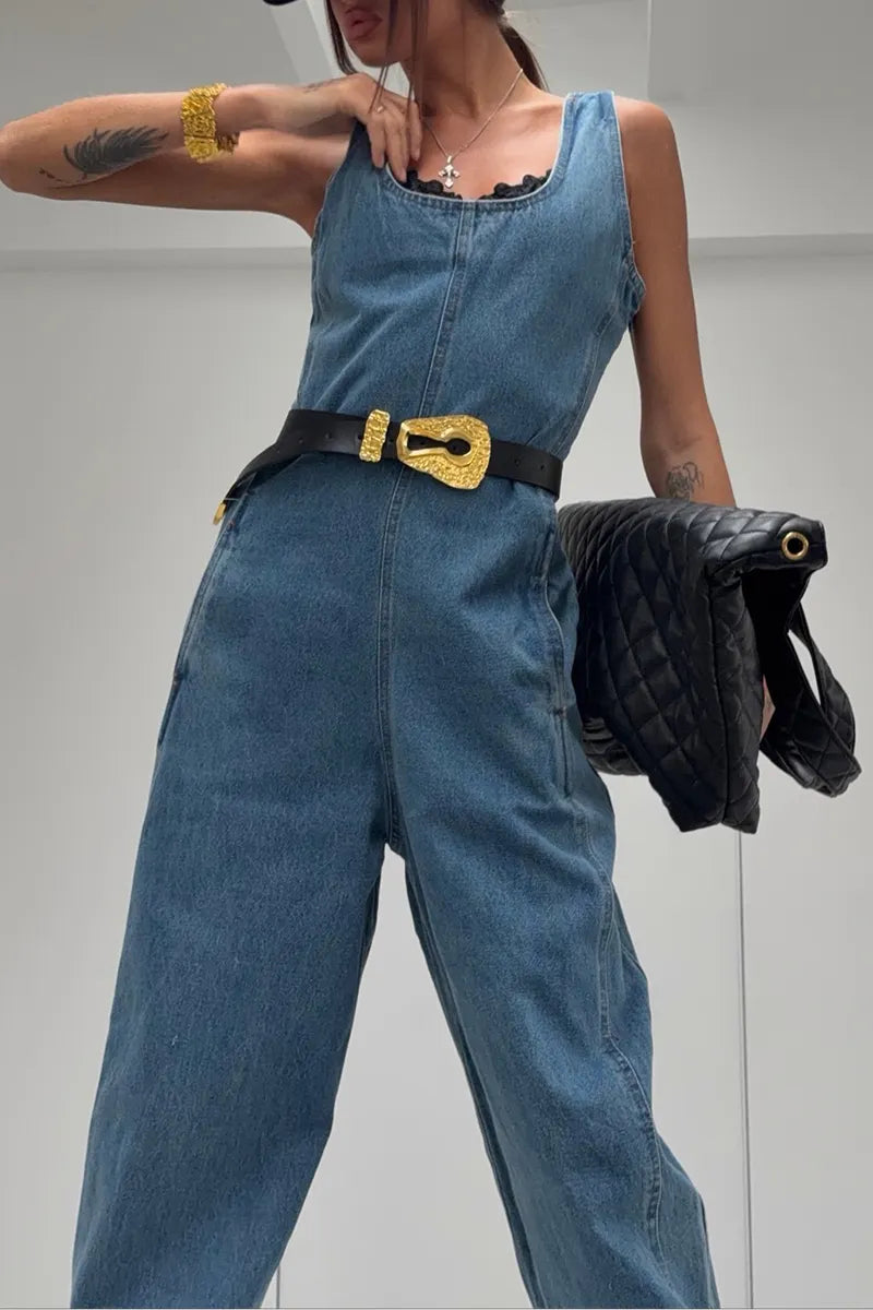 Women's Casual Denim Jumpsuit with Barrel Leg & Pockets