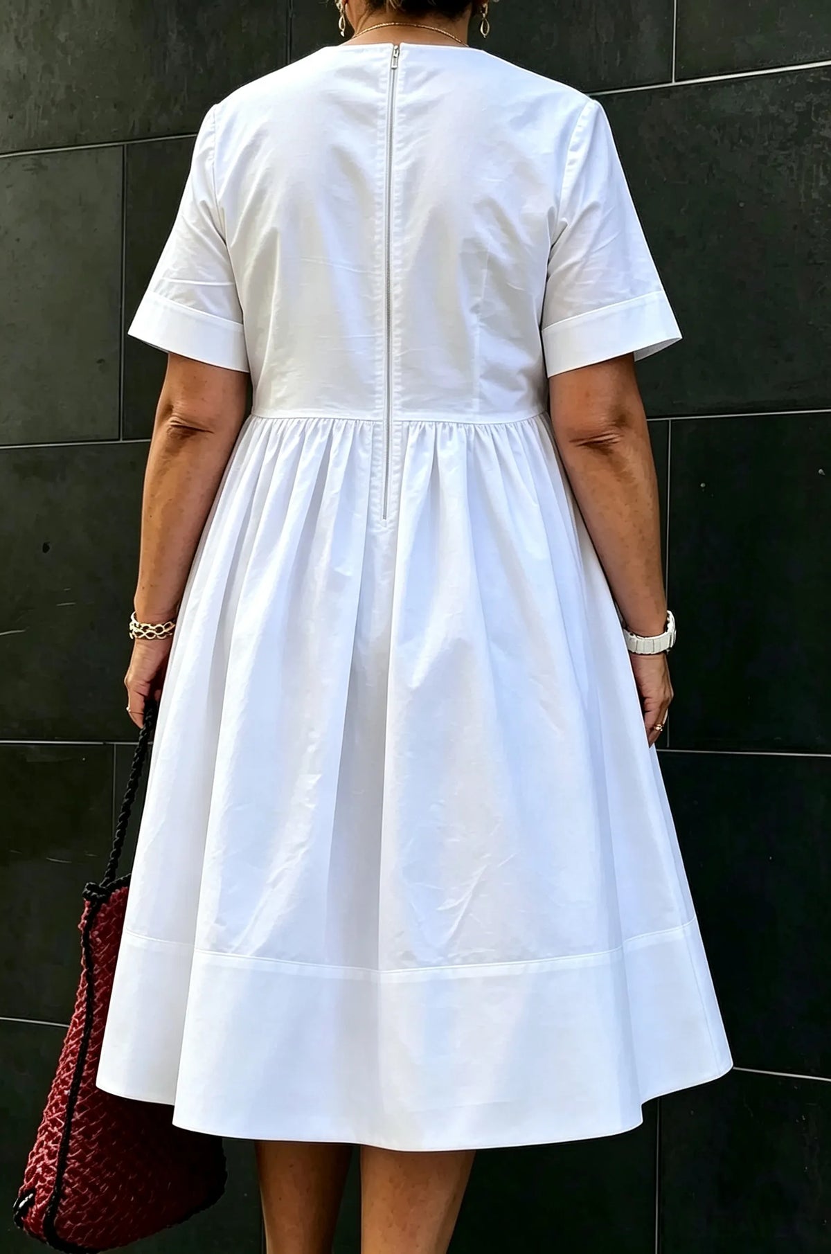 Women's Casual Loose V-Neck Pleated Hem Midi Dress