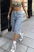 Women's Light Wash Distressed Frayed Knee Length Denim Bermuda Shorts