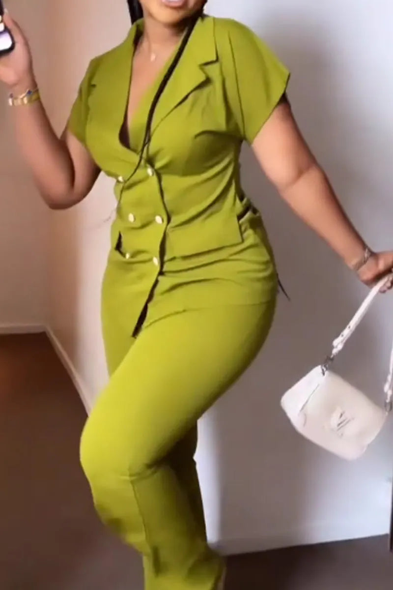 Women's Casual Short-Sleeve Double-Breasted Jacket & Flared Trousers
