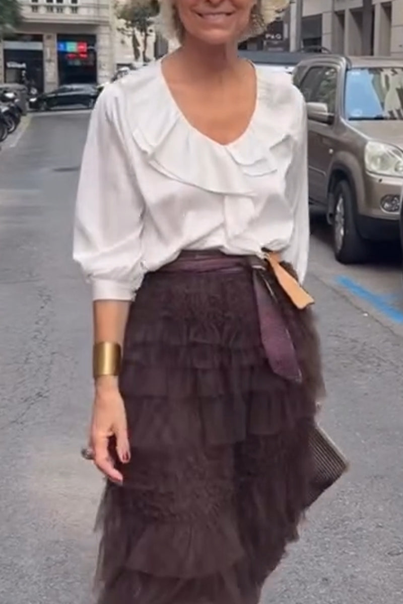 Women's Elegant and Casual Round Neck Spliced Top or Spliced Multi-layer Skirt
