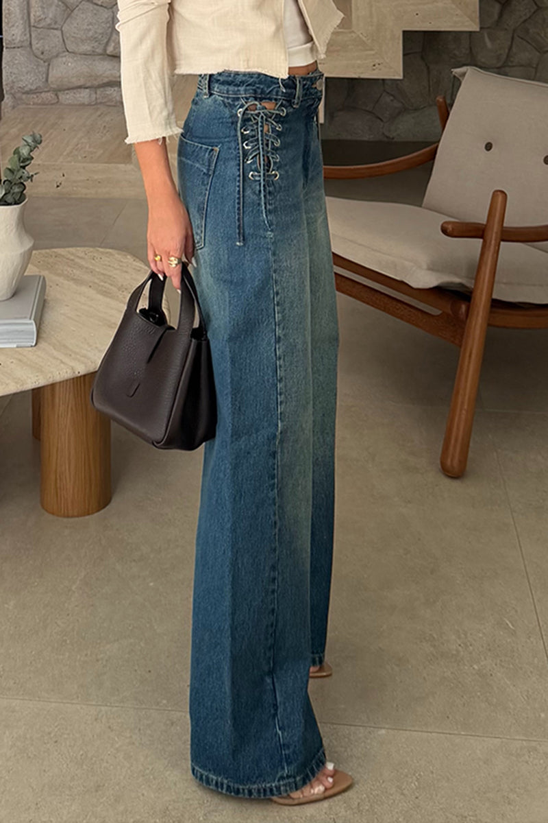 Women's Casual Waist Cutout Tie Trim Jeans