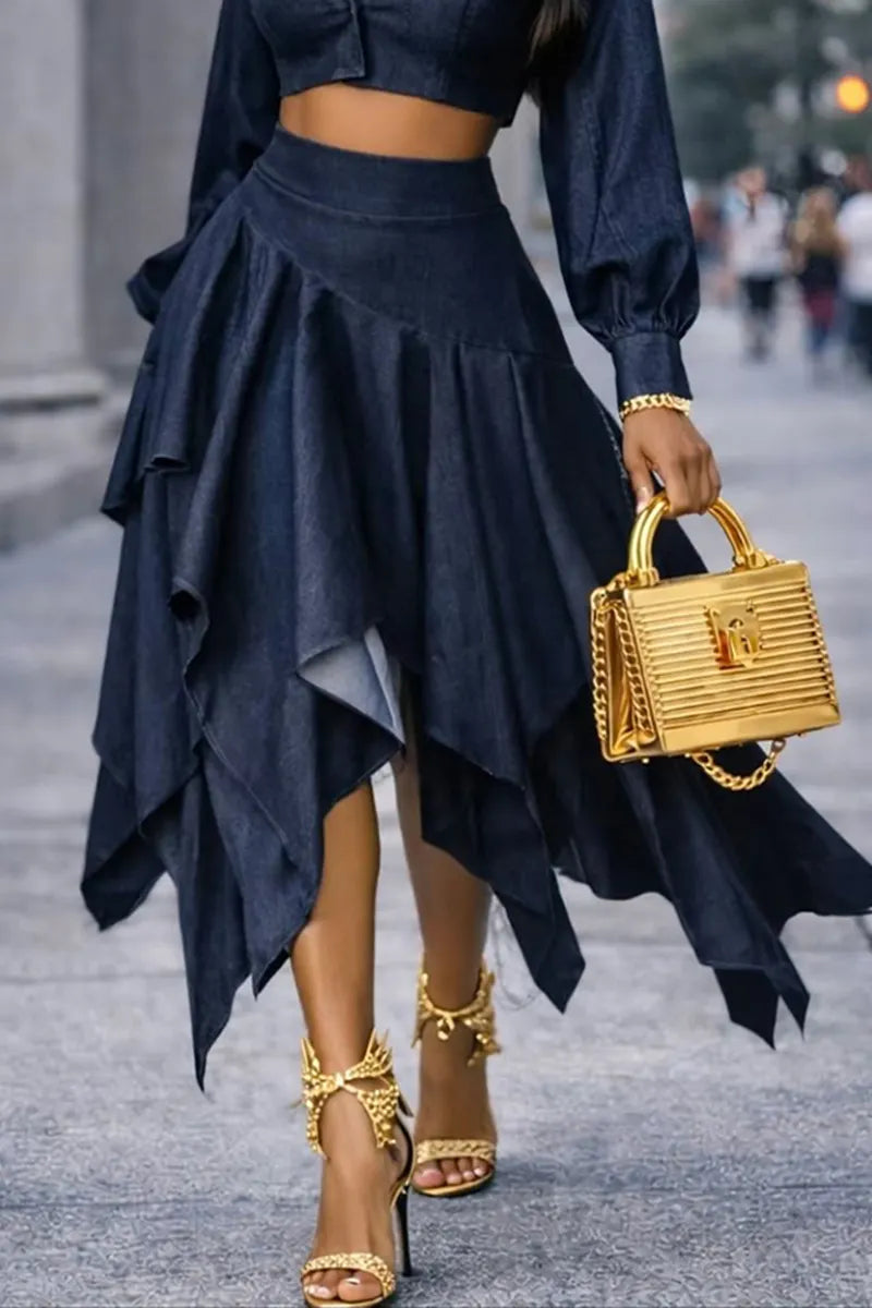 Women's Fashion Short Denim Top or Asymmetric Ruffle Hem Denim Skirt