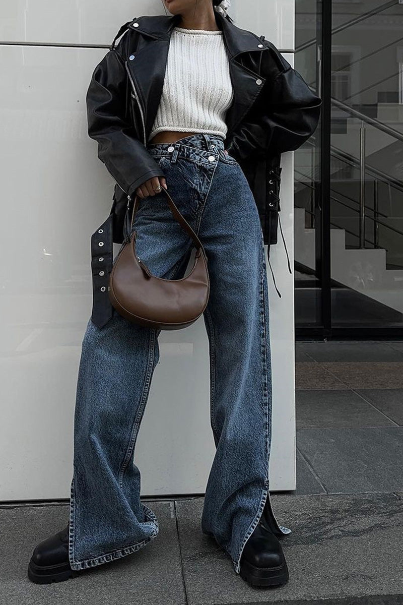 Women's Unique Misaligned Waist Jeans