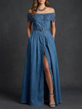 Women's Casual Off-Shoulder Denim Long Dress