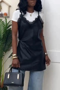 Women Camisole Patchwork Lace Casual Leather Top