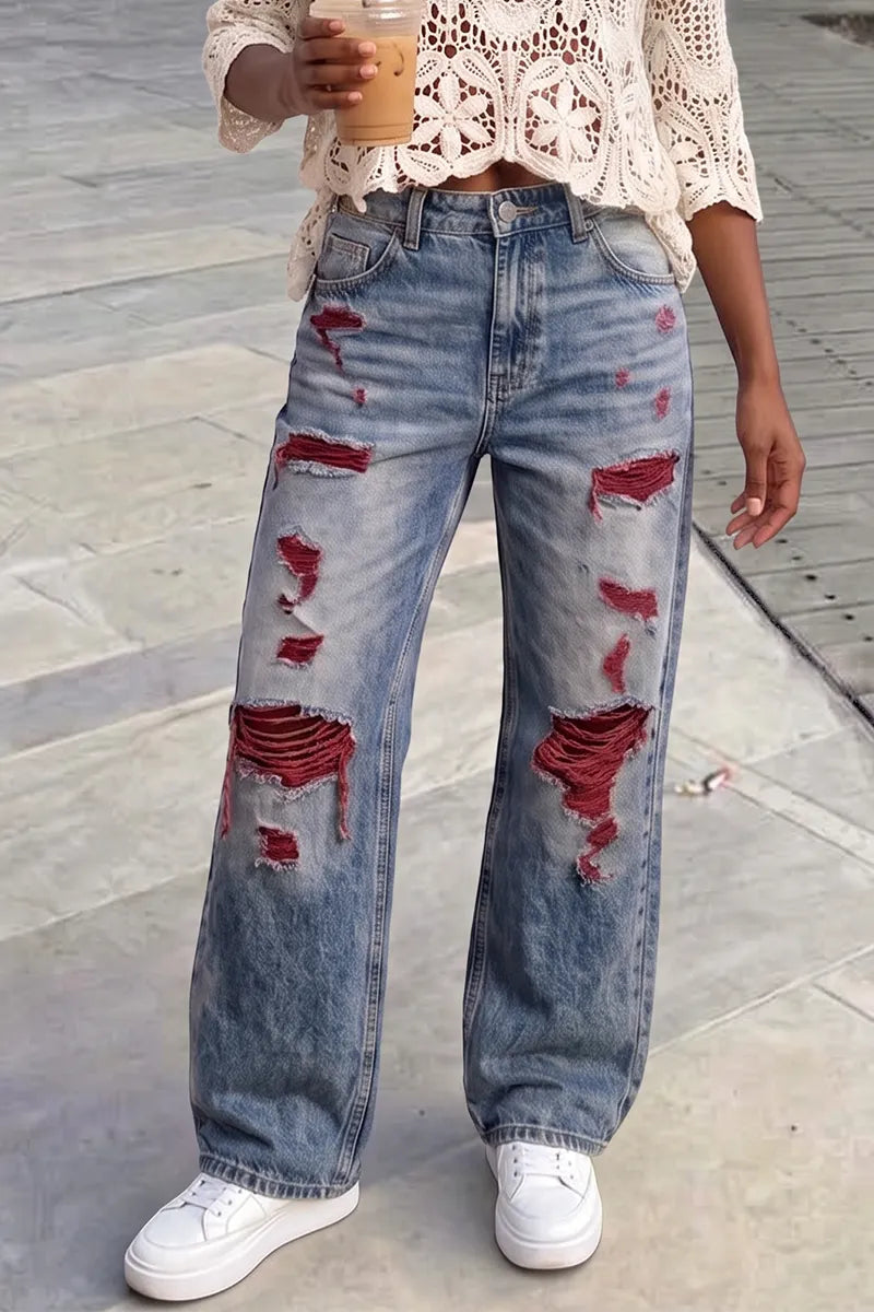 Women's Ripped Boyfriend Jeans with Red Patch Detail High Waisted Destroyed Wide Leg Denim Pants