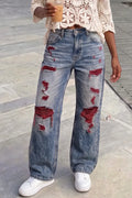 Women's Ripped Boyfriend Jeans with Red Patch Detail High Waisted Destroyed Wide Leg Denim Pants