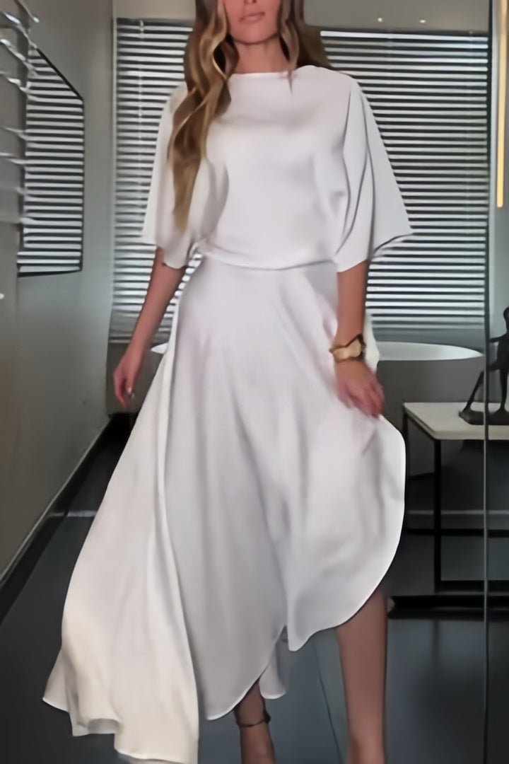 Satin Wrap Asymmetric Maxi Dress | Half-Sleeve Draped Silhouette