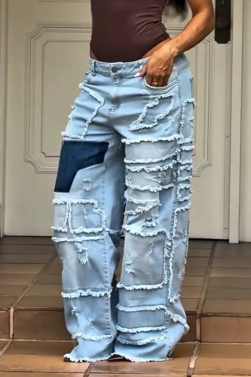 Women Multi-layer Fringed Patchwork Washable Casual Denim Wide Leg Pants