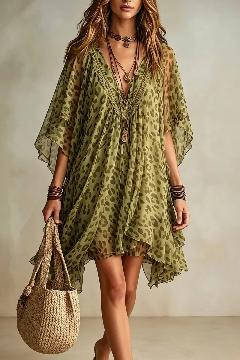 Women's Fashion Comfortable Leopard Print Batwing Mini Dress