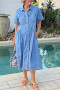 Women's Casual Short Sleeve Waist-Pleated Denim Dress