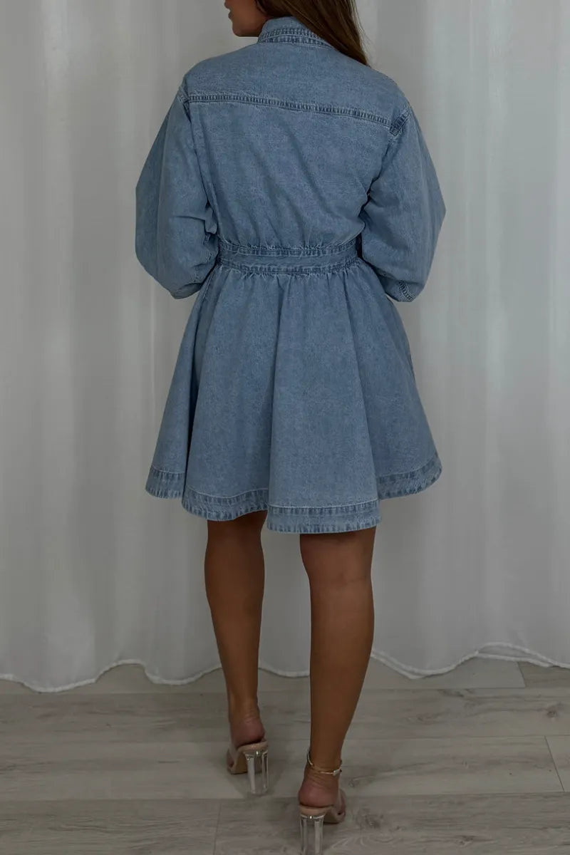 Women Denim Pleated Long Sleeve Belted Dress