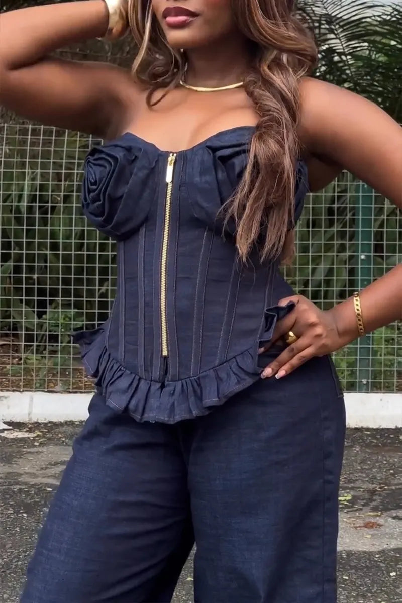 Women's Fashion 3D Floral Denim Bustier or Curved Cut Jeans