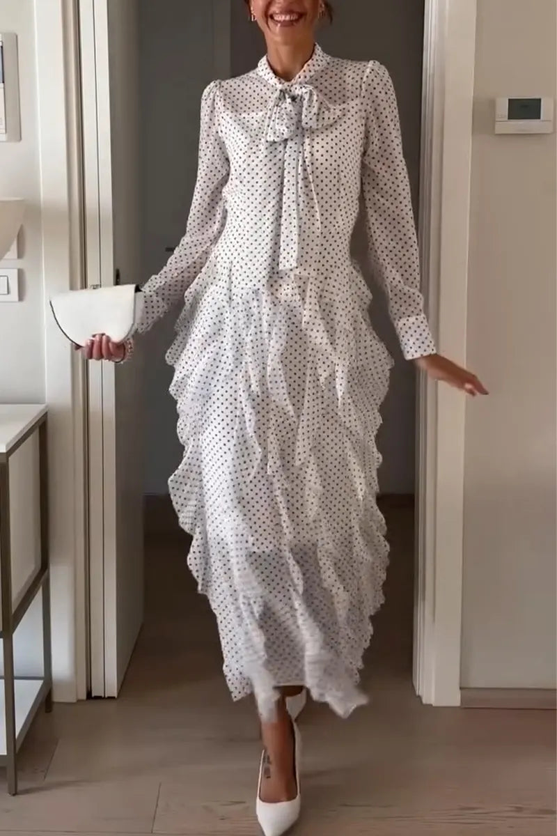 Women's Round Neck Polka Dot Print Patchwork Elegant Temperament Dress