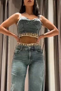 Women Sexy Casual Camisole Patchwork Top or Washed Wide Leg Jeans