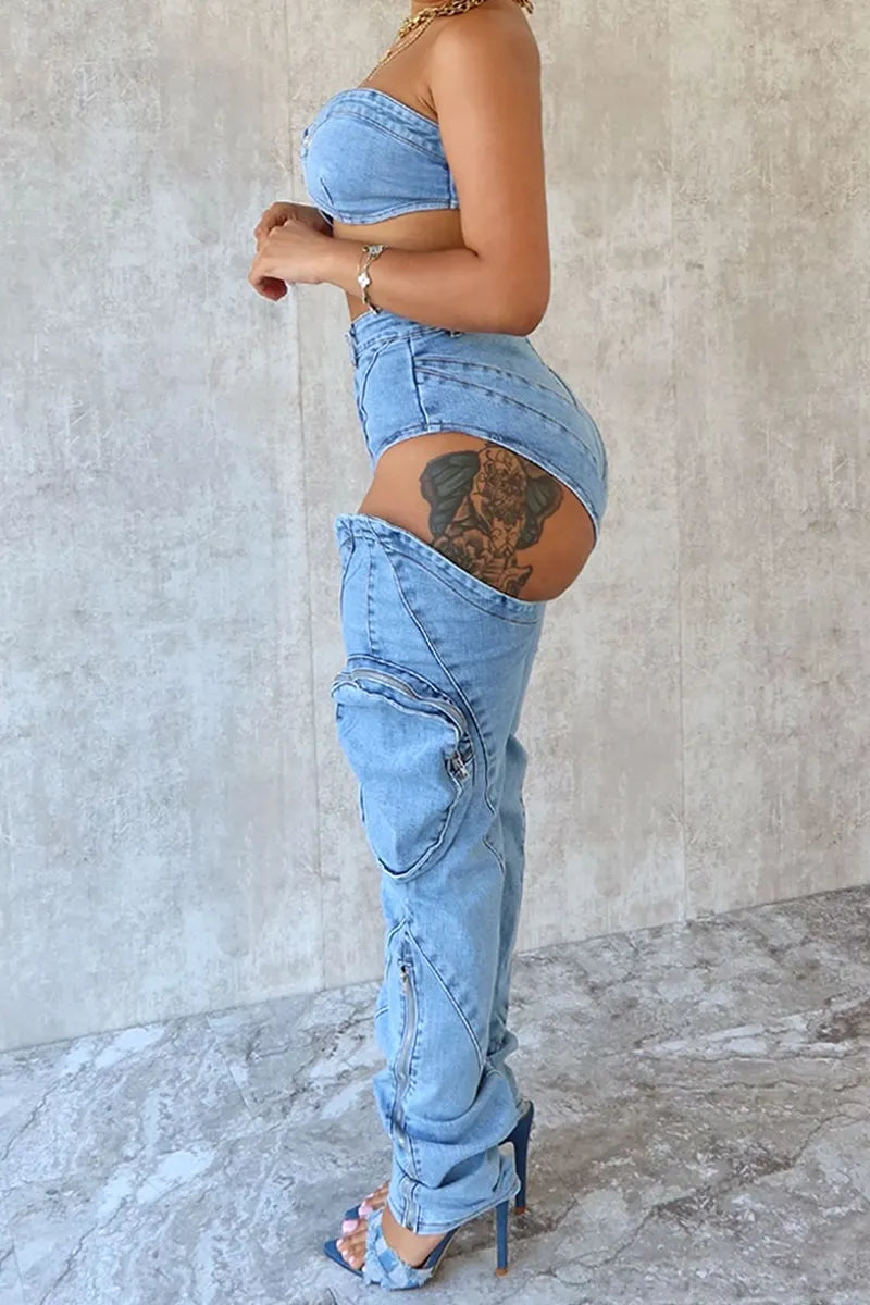 Women's Sexy Strapless Denim Top and Wide Leg Jeans