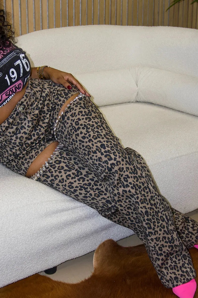 Women High Waist Leopard Print Crystal Embellished Pants