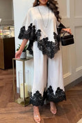 Women's Round Neck Patchwork Lace Patterned Top+ Wide Leg Pants Elegant Temperament Set
