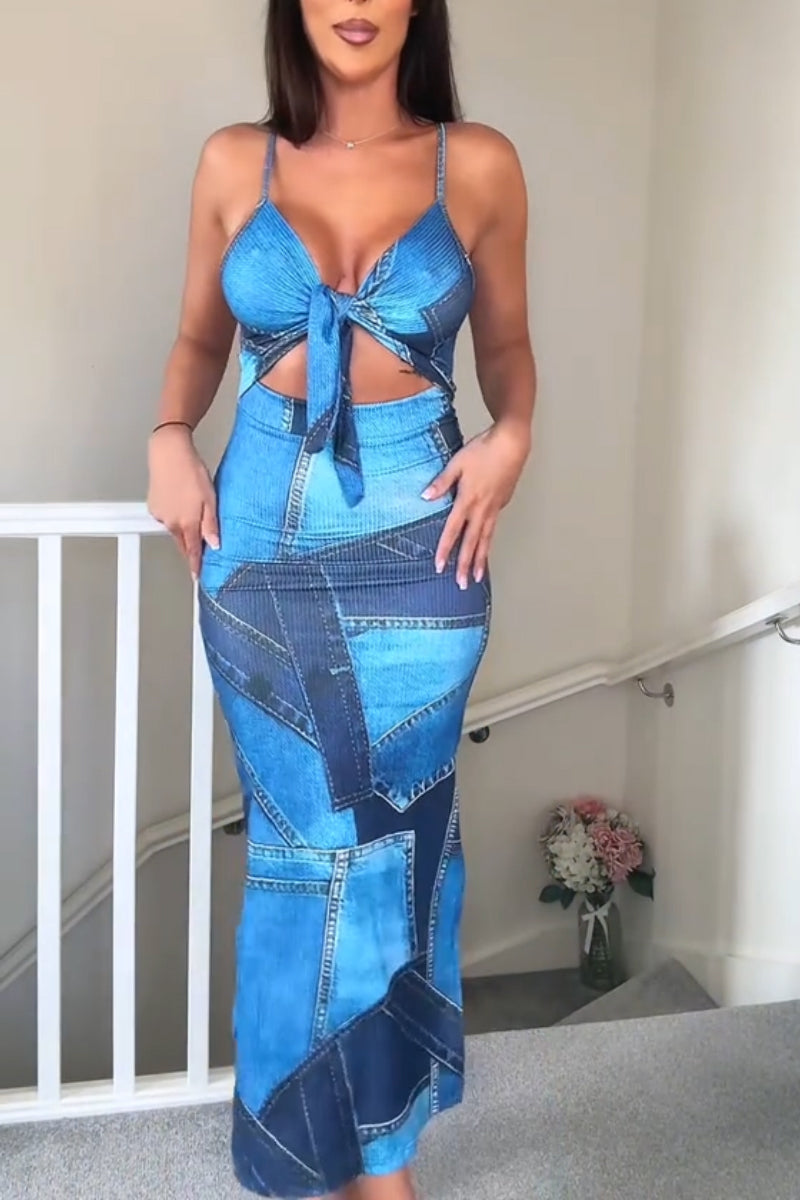 Women's Spaghetti Strap Patchwork Slit Sexy Casual Faux Denim Print Dress