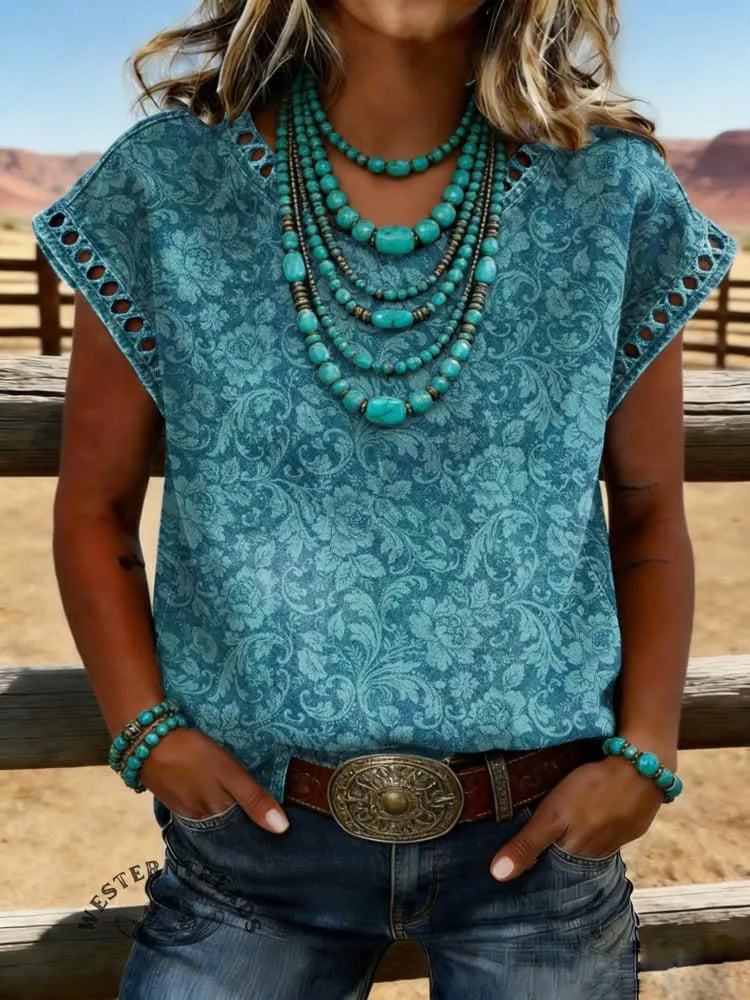 Women's Vintage Floral Print Casual Short Sleeves Hollow Lace Denim Shirt