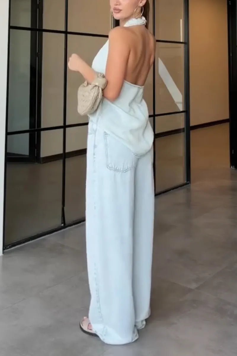 Women's Casual Hanging Neck Sleeveless Top or Wide Leg Jeans