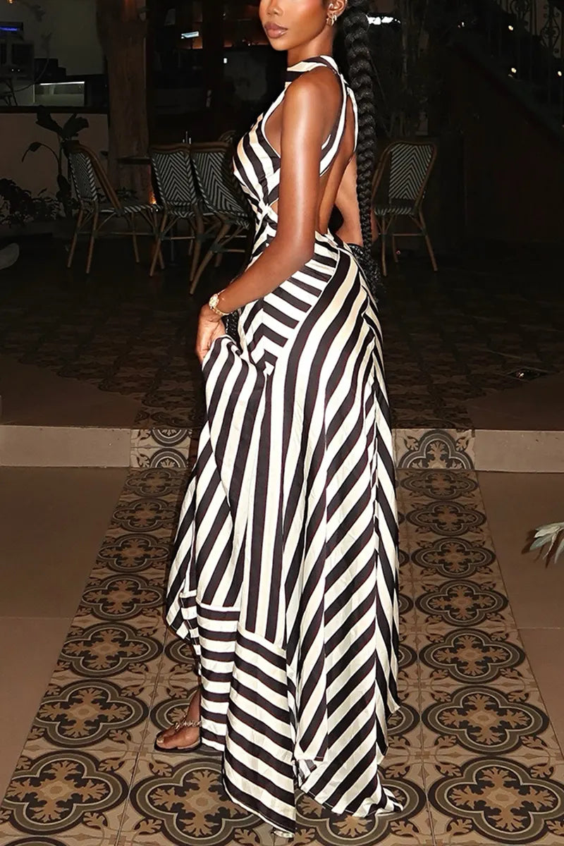 Women's Elegant Stripe Patchwork Backless Maxi Dress