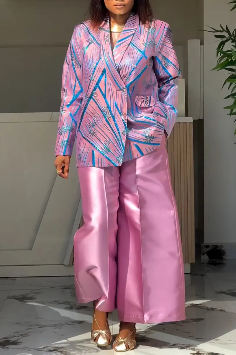 Women's Collar Striped Printed Jacket or Glossy Wide Leg Pants