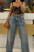 Women High Waist Pleated Front Leather Patch Belt Loose Wide Leg Light Wash Denim Jeans