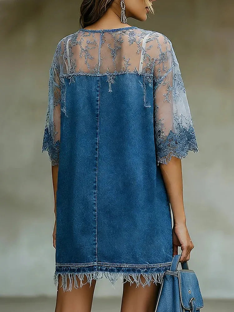 Bohemian-style Denim Mini Dress With Round Neck, Three-quarter Sleeves, And Contrast Piping