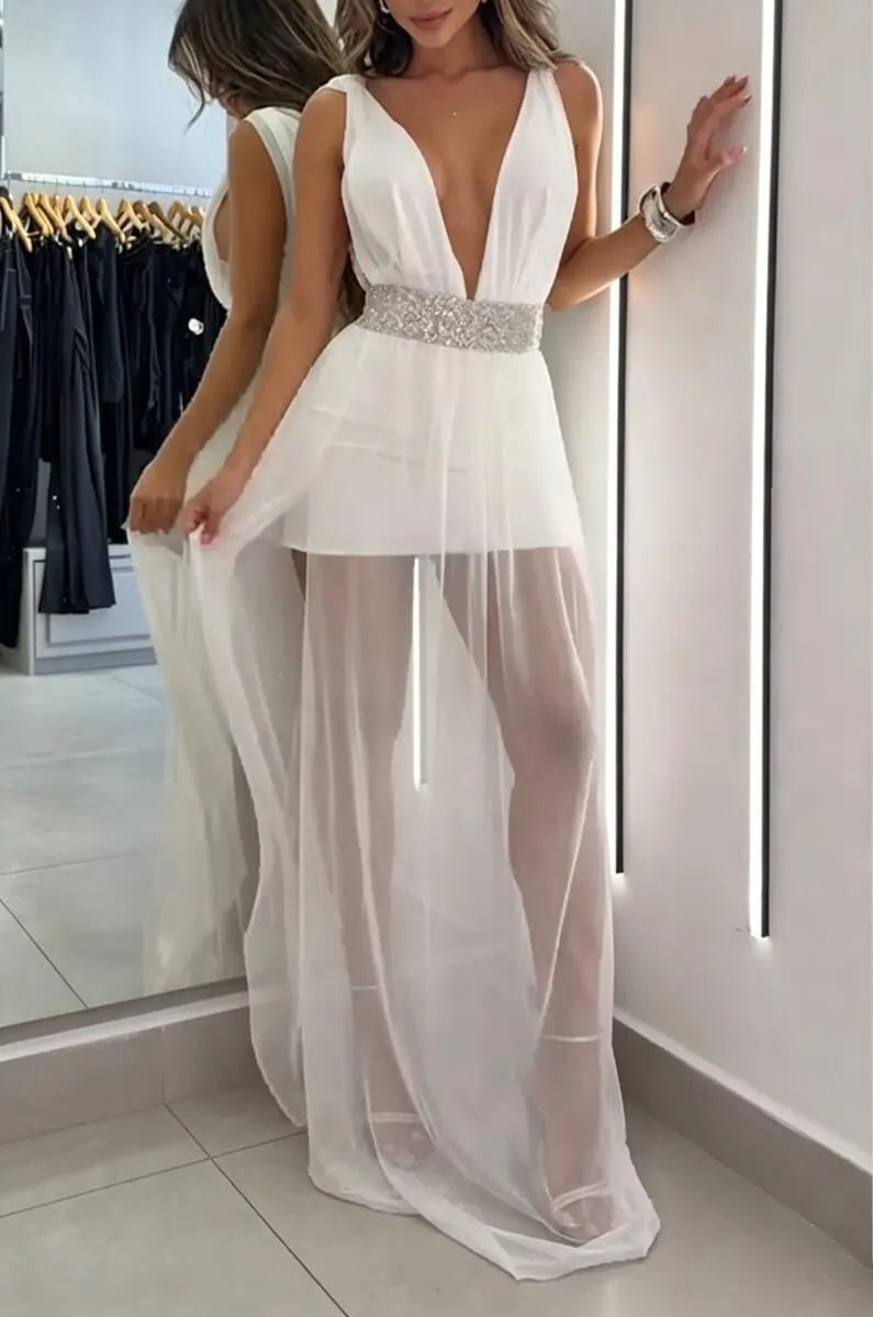 Women's Deep V-neck See Through Dress+ Half Skirt Elegant Temperament Set