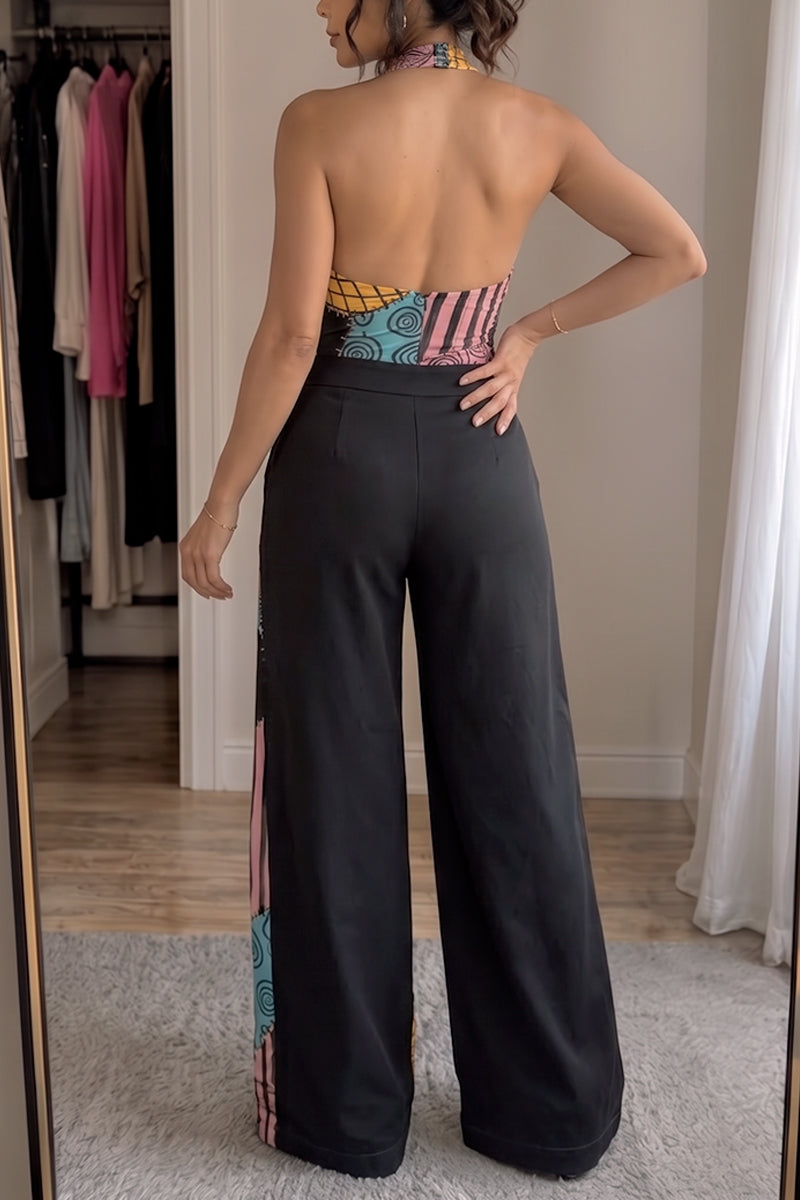 Women's The Nightmare Before Christmas Sally Patchwork Halter Wide Leg Jumpsuit