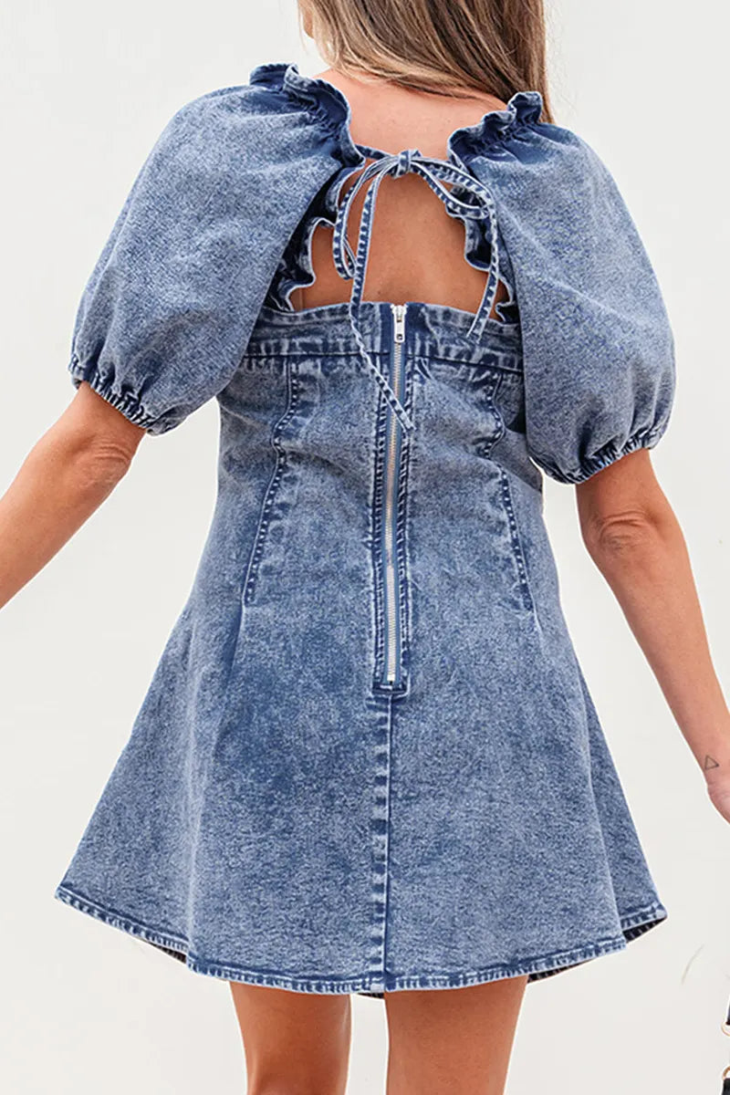 Women's Casual Denim Dress Puff Sleeve Backless Lace Up