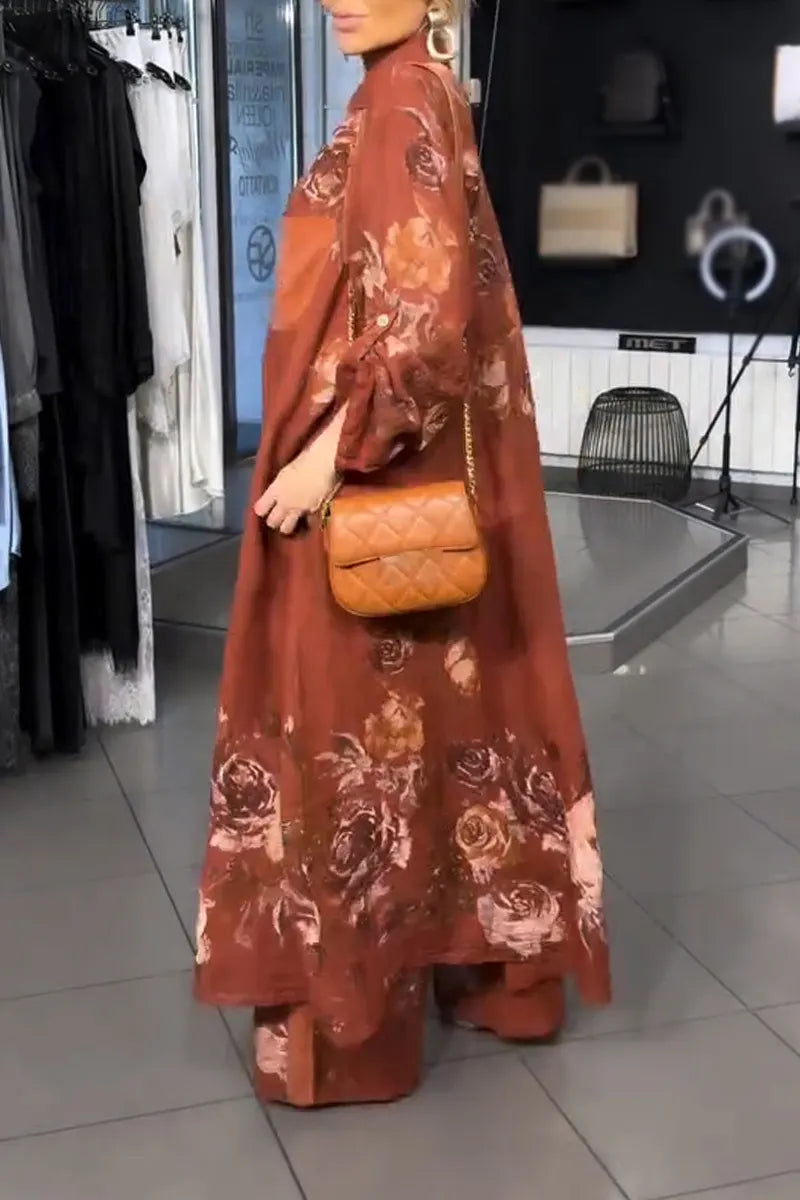 Women Collar Printed Long Cardigan+ Wide Leg Pants Loose Casual Suit
