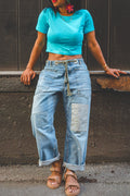 Women's Casual Patchwork Belted Wide Leg Jeans