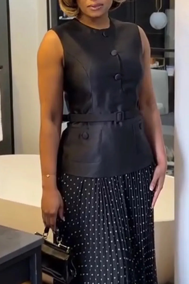 Women's Elegant Casual Round Neck Sleeveless Top or Polka Dot Printed Skirt